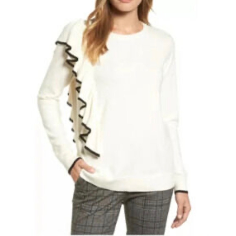 Halogen Womens XL Cream Ruffle Front Knit Sweater Long Sleeve Casual